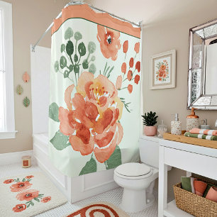 Orange and green watercolor floral shower curtain