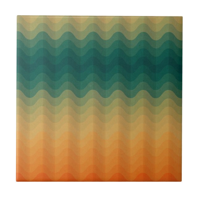 Orange and Green Waves Abstract Pattern Ceramic Tile (Front)