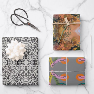Orange and grey flower art and doodles wrapping paper sheets