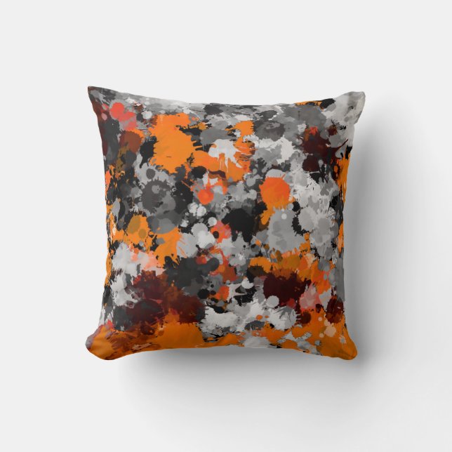 Orange and Grey Paint Splatter Throw Pillow (Front)
