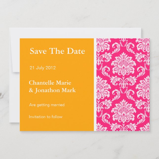 Orange and Hot Pink Damask Save The Date Card (Front)