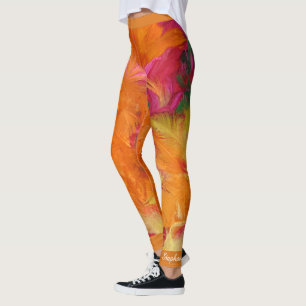 Orange and Hot Pink Feathers, Personalized Name Leggings