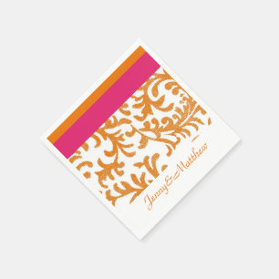 Orange and Hot Pink Floral Damask Paper Napkins
