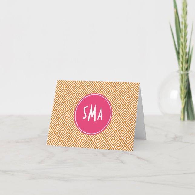 Orange and Hot Pink Greek Key Pattern Monogram Note Card (Front)