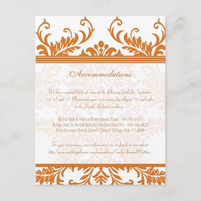 Orange and Ivory Damask Wedding Insert Card (Front)