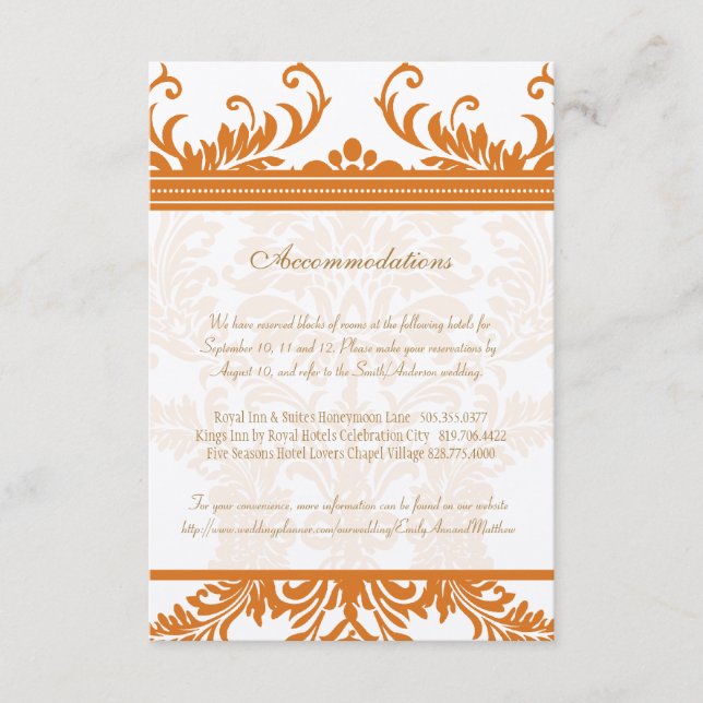 Orange and Ivory Damask Wedding Insert Card (Front)