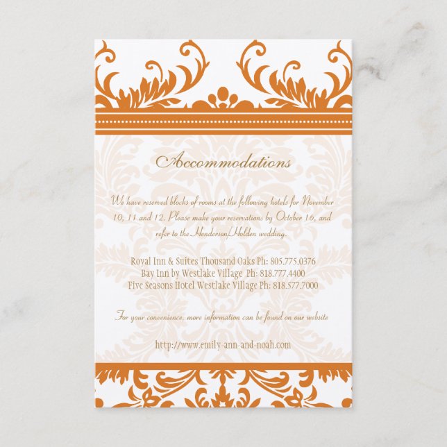 Orange and Ivory Damask Wedding Insert Card (Front)