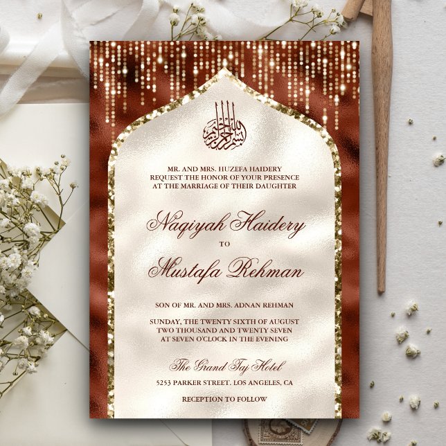Orange and Ivory Gold Glitter Arch Muslim Wedding Invitation