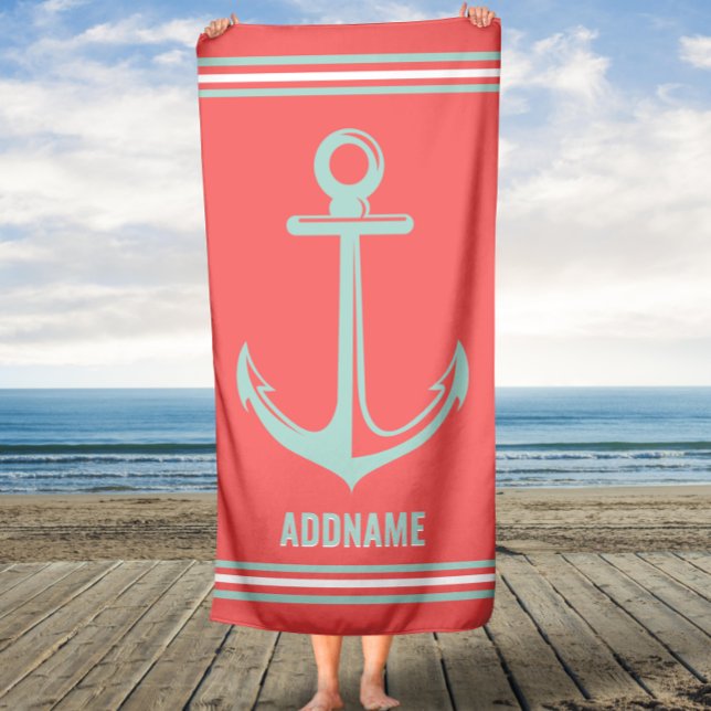 Orange and Light Mint Anchor Custom Name Beach Towel (Creator Uploaded)