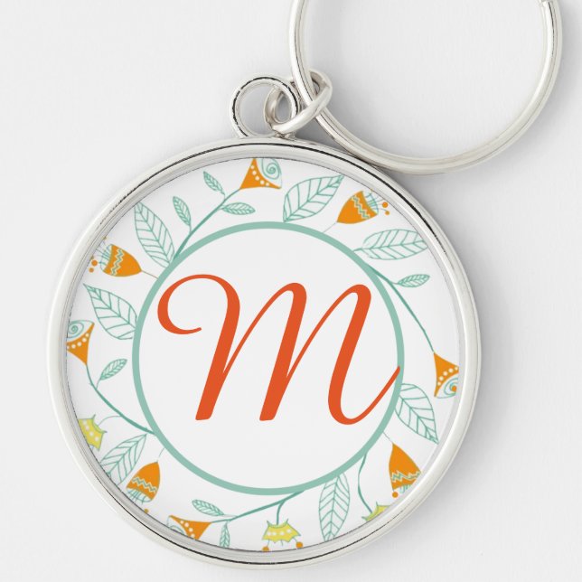 Orange and Mint Floral Garland Folk Art Keychain (Front)