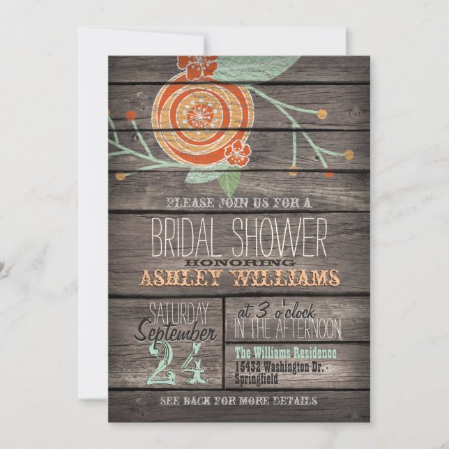 Orange and Mint Green Rustic Wood Bridal Shower Invitation (Front)