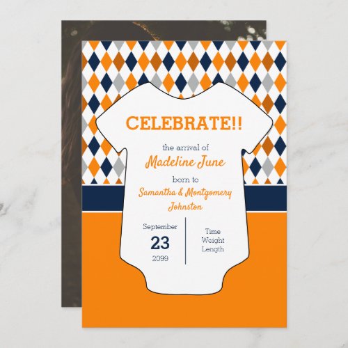 Orange and Navy Blue Argyle Pattern Baby Photo Announcement