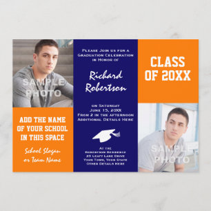 Orange and Navy Blue Custom Athlete Graduation Invitation
