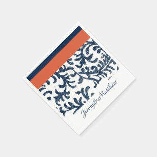 Orange and Navy Blue Floral Damask Paper Napkins