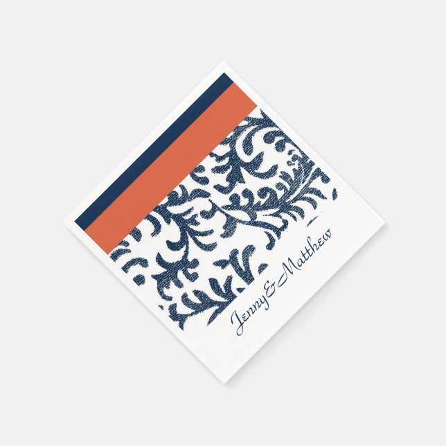 Orange and Navy Blue Floral Damask Paper Napkins (Corner)