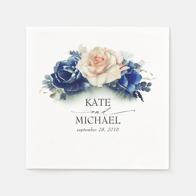 Orange and Navy Blue Floral Wedding Napkins (Front)