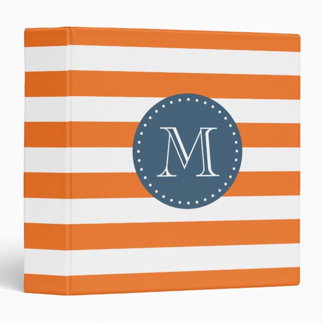 Orange and Navy Blue Stripes Custom Monogram 3 Ring Binder (Front/Spine)