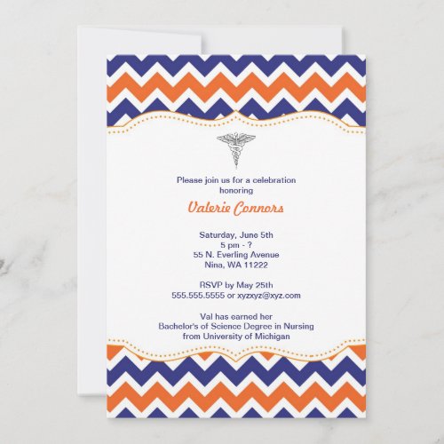 Orange and Navy Chevron Nurse Graduation Invite RN