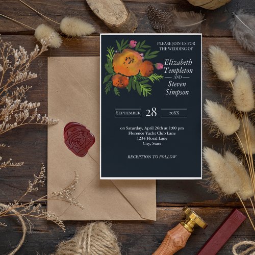 Orange and Navy Floral Modern Bold Wedding Invitation