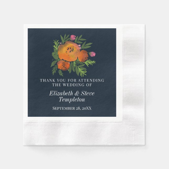 Orange and Navy Floral Modern Bold Wedding Napkins (Front)