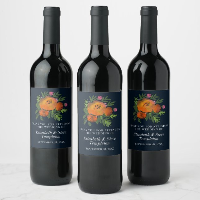 Orange and Navy Floral Modern Bold Wedding Wine Label (Bottles)