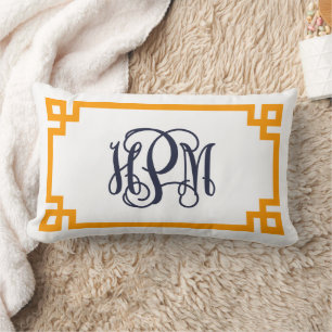 Orange and Navy Greek Key Script Monogram Lumbar Pillow