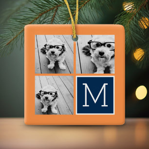 Orange and Navy Instagram Photo Collage Monogram Ceramic Ornament