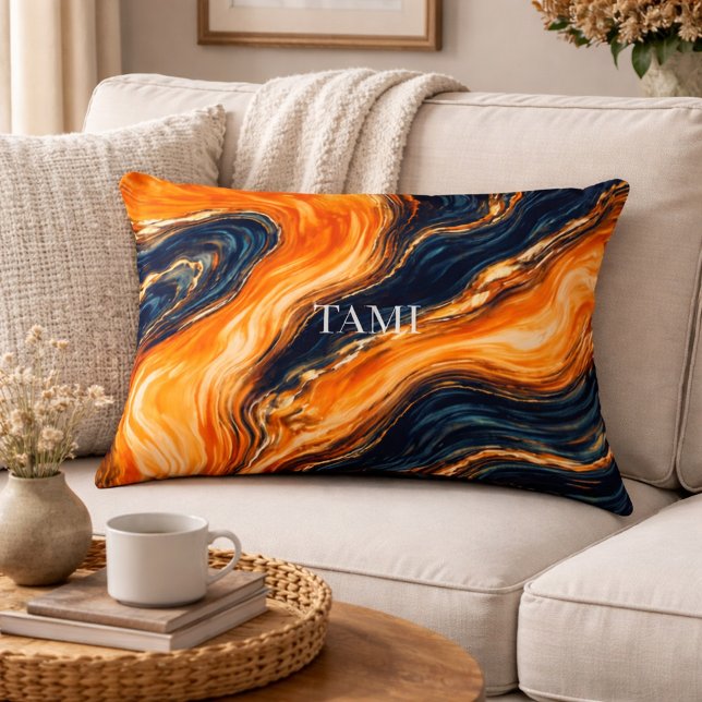 Orange and Navy Marble Abstract Name Accent Pillow (Creator Uploaded)