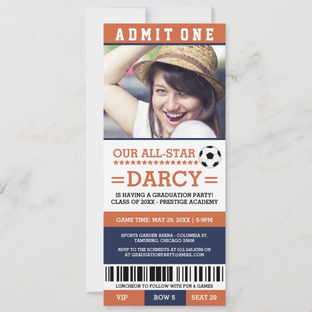 Orange and Navy Soccer Graduation Party Invites (Front)