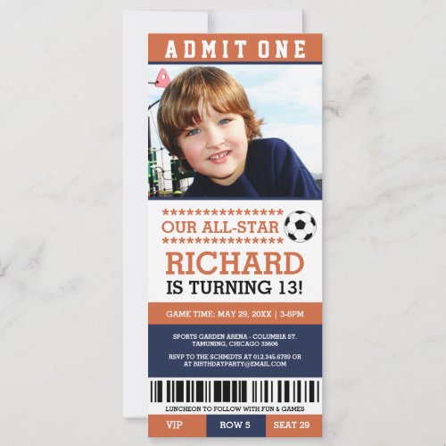 Orange and Navy Soccer Ticket Birthday Invites