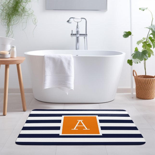 Orange and Navy Stripes Monogram Bath Mat (Creator Uploaded)