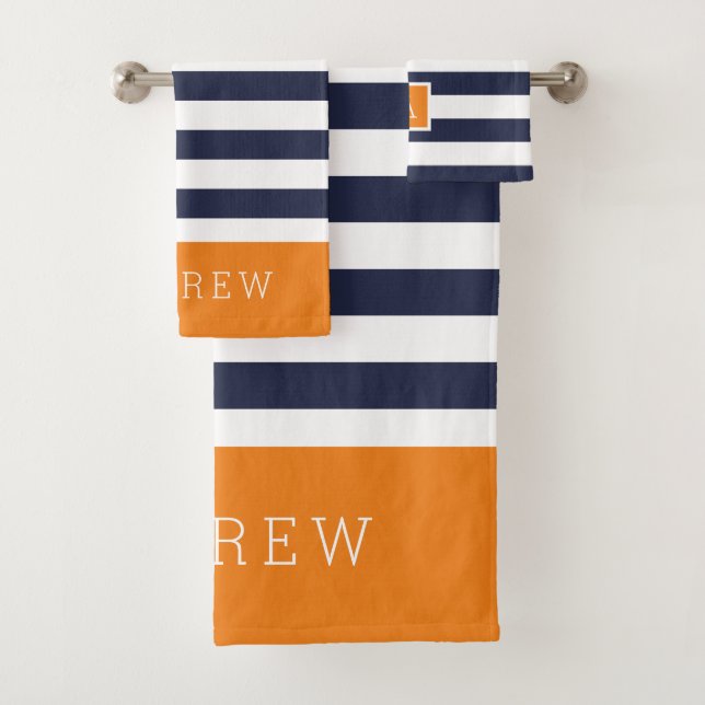 Orange and Navy Stripes Monogram Bath Towel Set (Insitu)