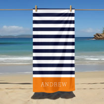 Orange and Navy Stripes Monogram Beach Towel