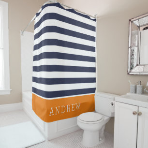 Orange and Navy Stripes Monogram Shower Curtain