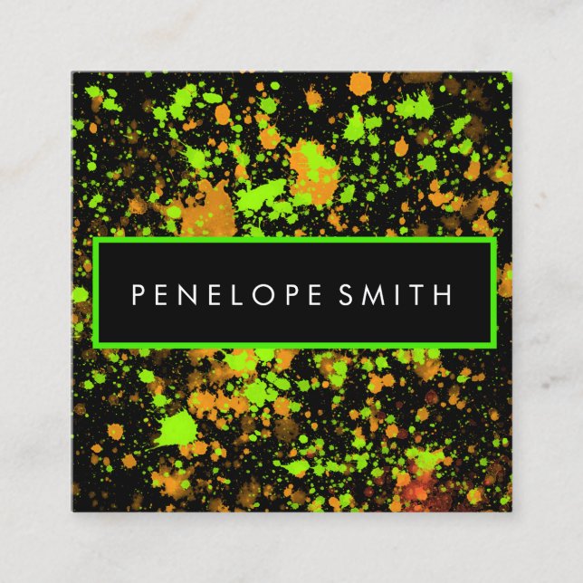 Orange and Neon Green Abstract Paint Splatter  Square Business Card (Front)