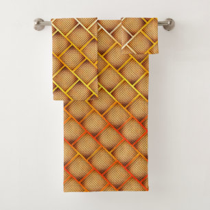 Orange and ochre squares with abstract chess throw bath towel set