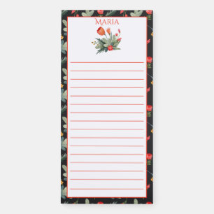 Orange and Peach Floral on Black Monogram Kitchen Magnetic Notepad
