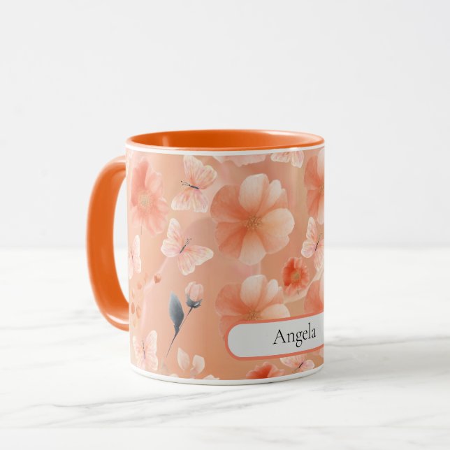 Orange and Peach Flowers and Butterflies Mug (Front Left)