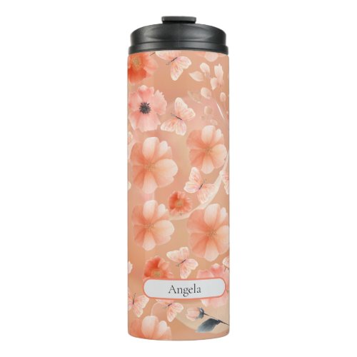 Orange and Peach Flowers and Butterflies Thermal Tumbler