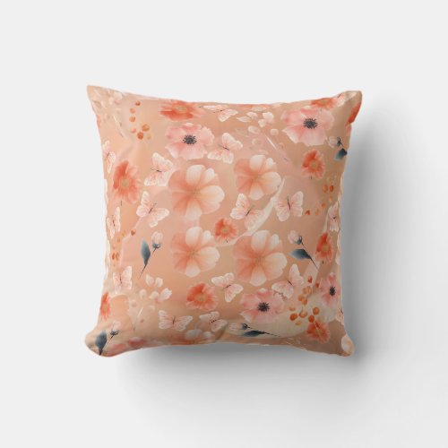 Orange and Peach Flowers and Butterflies  Throw Pillow