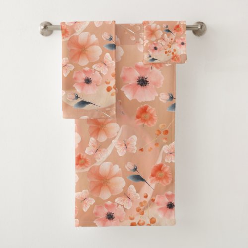 Orange and Peach Flowers and Butterflies Towel Set