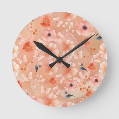 Orange and Peach Flowers and Butterfly Wall Clock