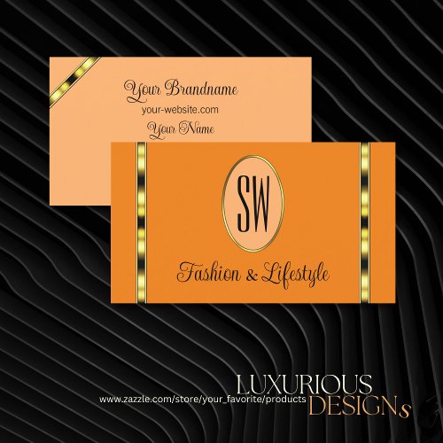 Orange and Peach Modern with Monogram Gold Stripes Business Card