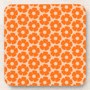 Orange and Peach Retro 60s Floral Pattern Beverage Coaster