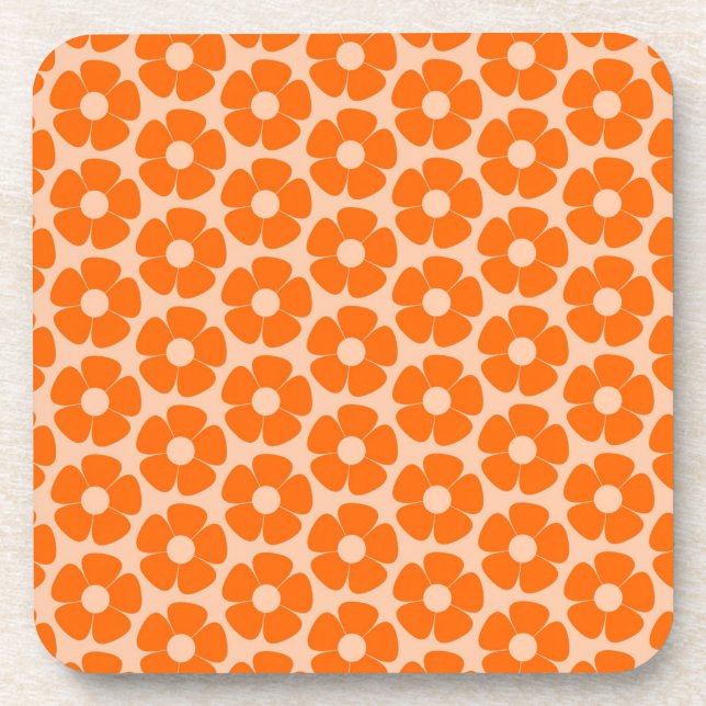 Orange and Peach Retro 60s Floral Pattern  Beverage Coaster (Front)
