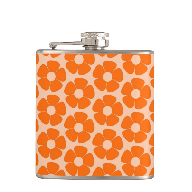 Orange and Peach Retro 60s Floral Pattern  Flask (Front)