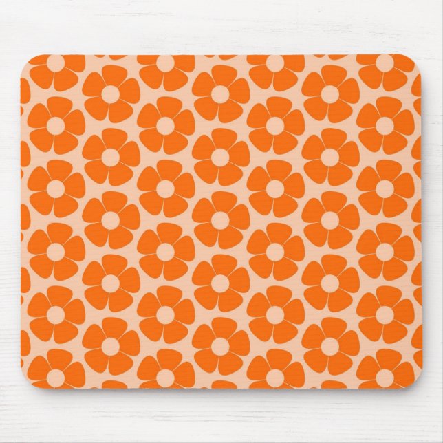 Orange and Peach Retro 60s Floral Pattern Mouse Pad (Front)