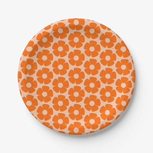 Orange and Peach Retro 60s Floral Pattern  Paper Plates