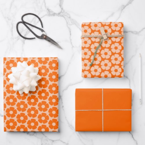 Orange and Peach Retro 60s Floral Pattern  Wrappin Wrapping Paper Sheets