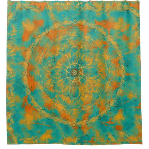 Orange and Peacock Green Primitive Mandala Shower Curtain